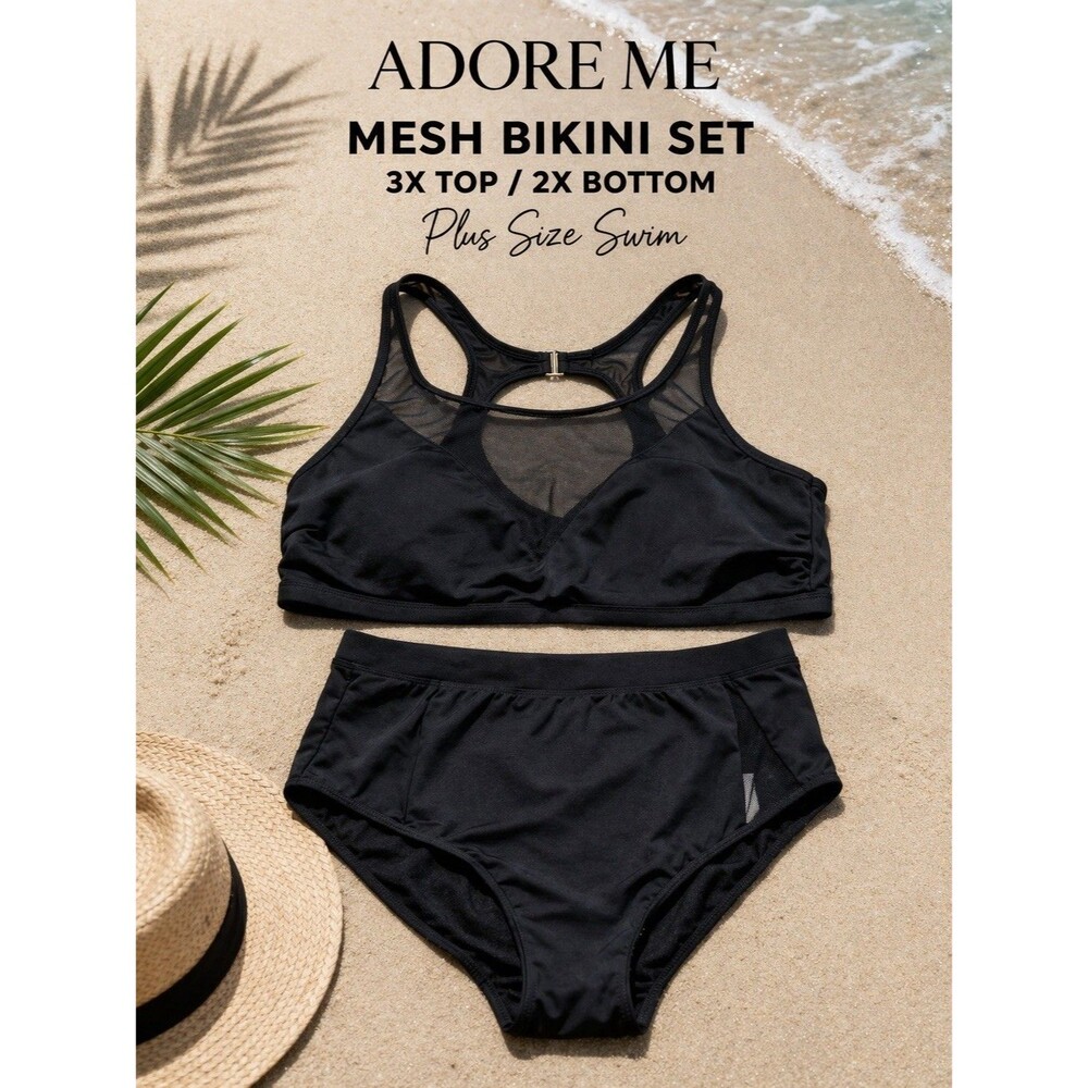 Adore Me Black Mesh Bikini Set 3X Top 2X Bottom Plus Size High Waist Swimsuit